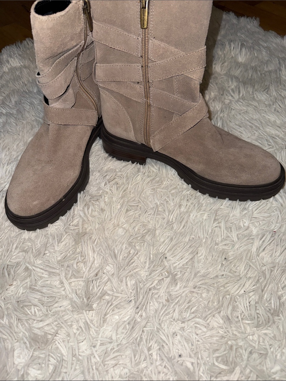 Vince Camuto Mid-Calf Strap Boots in Taupe